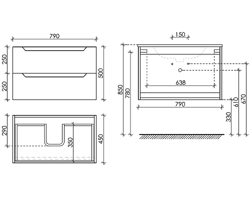 Тумба под раковину SANCOS Norma 2.0 790х450х500, c двумя ящиками, белый глянец