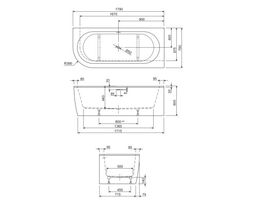 Акриловая ванна Cezares Slim 179x79 R SLIM CORNER-180-80-60-R-NERO-SET без гидромассажа