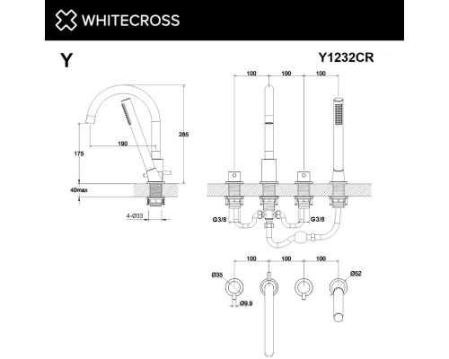 Смеситель для ванны на 4 отверстия WHITECROSS Y Y1232CR хром