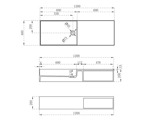 Раковина из искусственного камня Vincea VWB-6S112MW 1200x400x200 подвесная белый матовый