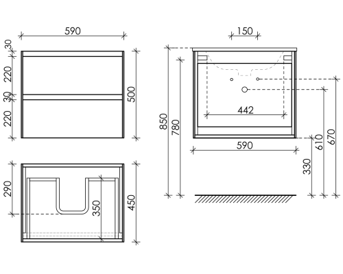Тумба под раковину SANCOS Cento 590х450х500, c двумя ящиками,белый глянец