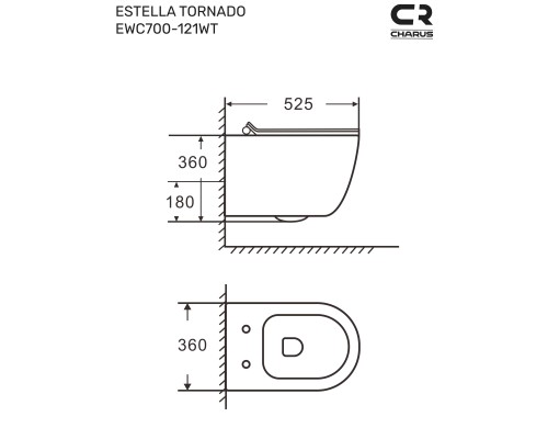 Безободковый подвесной унитаз Charus Estello Tornado EWC700-121WТ сиденьем микролифт