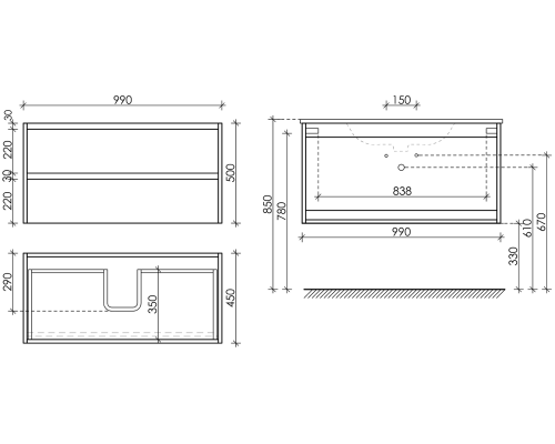 Тумба под раковину SANCOS Libra 990х450х500, c двумя ящиками, дуб чарльстон