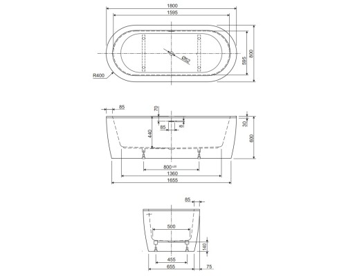 Акриловая ванна Cezares Slim 180x80 SLIM CENTRAL-180-80-60-W37-SET без гидромассажа