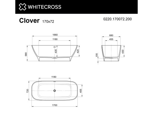 Ванна из искусственного камня Whitecross Clover 170х70 матовый белый
