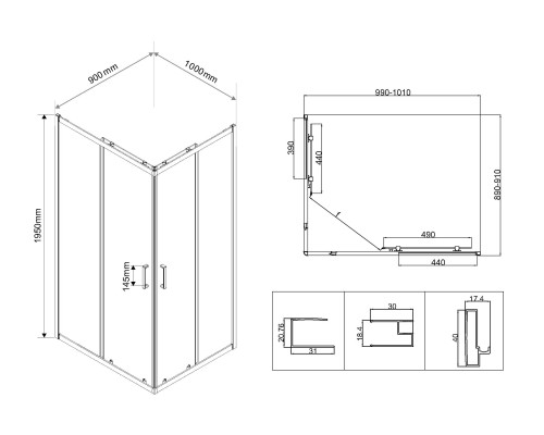 Душевой уголок Vincea City VSS-5CT9010CL 1000x900 хром стекло прозрачное