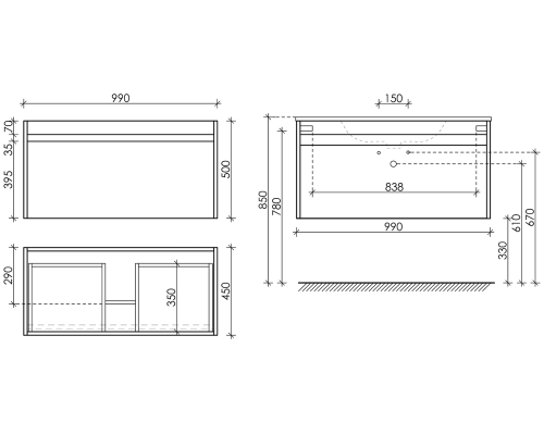 Тумба под раковину SANCOS Smart 990х450х500, c двумя ящиками, белый глянец
