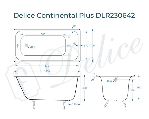 Ванна чугунная Delice Continental PLUS 100х70