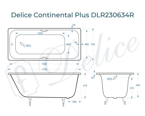 Ванна чугунная Delice Continental PLUS 170х70 с отверстиями под ручки