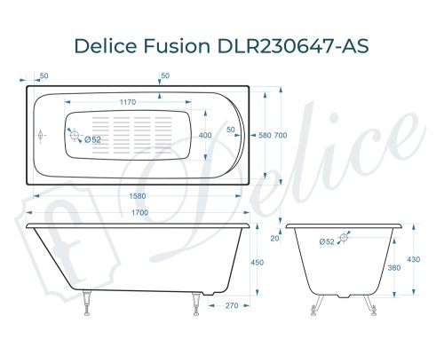 Ванна чугунная Delice Fusion 170х70 с антискользящим покрытием