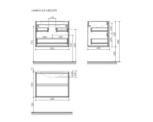 Тумба под раковину подвесная Sancos Marmi 2.0 69х44 с доводчиками, дуб галифакс, MR2.070EG