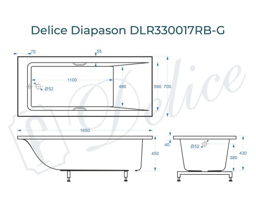 Ванна из литьевого мрамора Delice Diapason 165х70 глянцевая с черными ручками