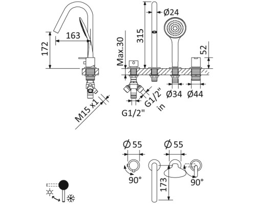 Смеситель на борт ванны Cezares Leaf LEAF-BVDM4-SS Sunset