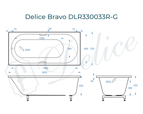 Ванна из литьевого мрамора Delice Bravo 160х70 глянцевая с ручками Хром