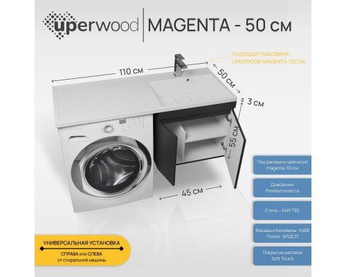 Тумба под стиральную машину подвесная Uperwood Magenta 45х50х55 см, черная, с дверцами