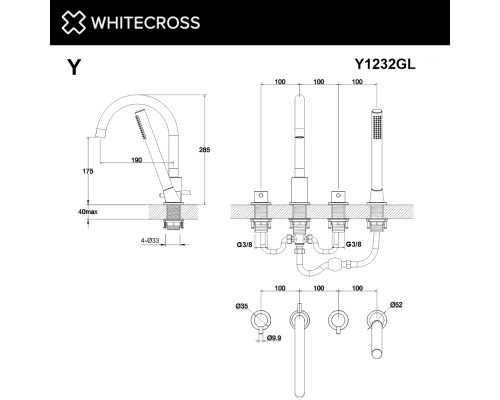 Смеситель для ванны на 4 отверстия WHITECROSS Y Y1232GL золото