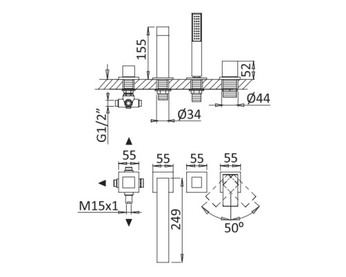 Смеситель для ванны Cezares PORTA-BVDM4-NOP