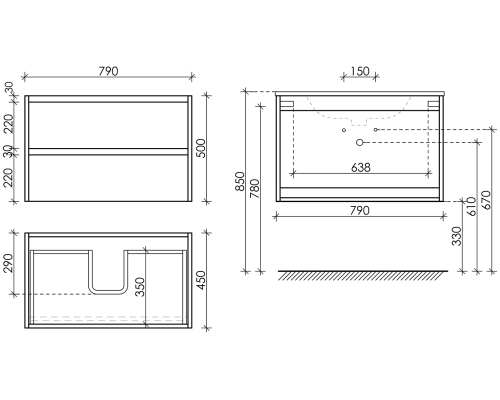Тумба под раковину SANCOS Libra 790х450х500, c двумя ящиками, дуб чарльстон