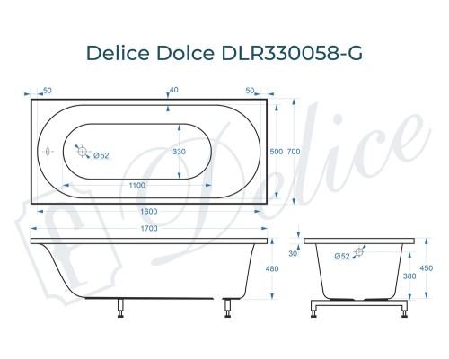 Ванна из литьевого мрамора Delice Dolce 170х70 глянцевая