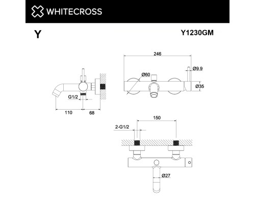 Смеситель для ванны WHITECROSS Y оружейная сталь