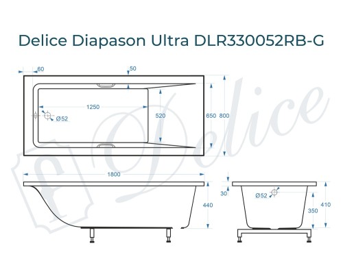 Ванна из литьевого мрамора Delice Diapason Ultra с узким бортом 180х80 глянцевая с черными ручками