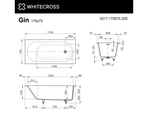 Ванна из искусственного камня Whitecross Gin 170x75 белый матовый