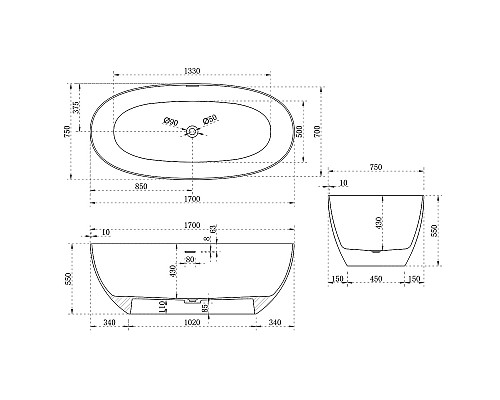 Ванна из искусственного камня Vincea VBT-6S01MW 1700x750x550 белый матовый со сливом Ванна из искусственного камня Vincea VBT-6S01MW 1700x750x550 белый матовый со сливом