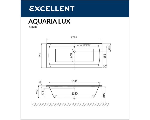 Ванна гидромассажная EXCELLENT Aquaria Lux 180x80 ULTRA белый