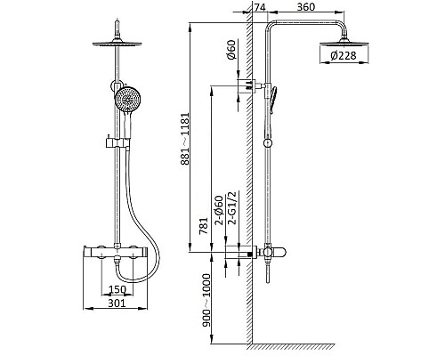 Душевая стойка Vincea Rondo VSFS-1R0GM без излива, вороненая сталь