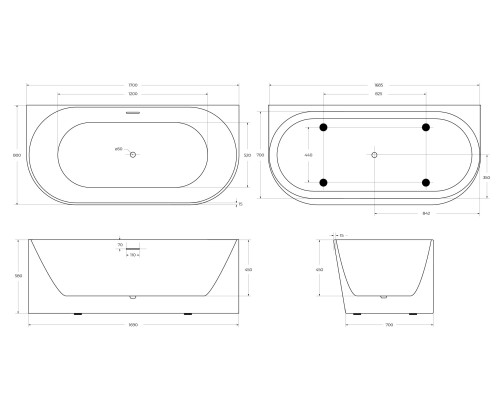 Акриловая ванна BelBagno 170x80 BB412-1700-800-MATT без гидромассажа