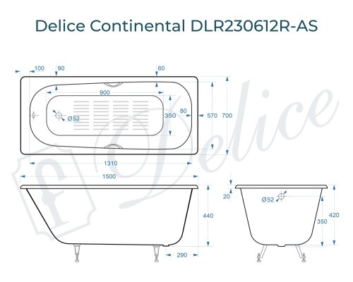 Ванна чугунная Delice Continental 150х70 с отверстиями под ручки и антискользящим покрытием