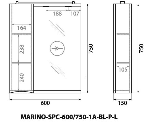 Зеркало со шкафом BelBagno MARINO-SPC-600/750-1A-BL-P-L 60 с подсветкой Bianco Lucido