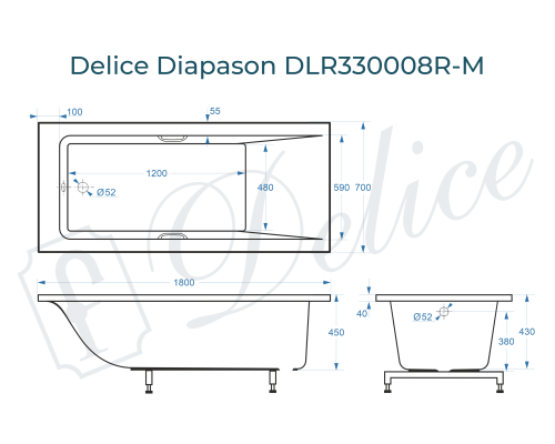 Ванна из литьевого мрамора Delice Diapason 180х70 матовая с ручками Хром