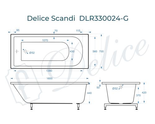 Ванна из литьевого мрамора Delice Scandi 160х70 глянцевая