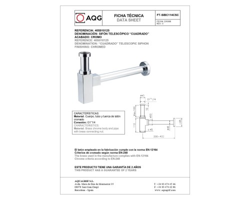 Квадратный сифон AQG СUADRADO 1”1/4 из латуни, хром