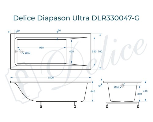 Ванна из литьевого мрамора Delice Diapason Ultra с узким бортом 150х70 глянцевая