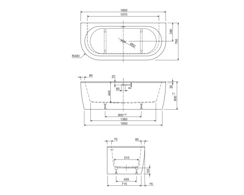 Акриловая ванна Cezares Slim 180x79 SLIM WALL-180-80-60-W37-SET без гидромассажа