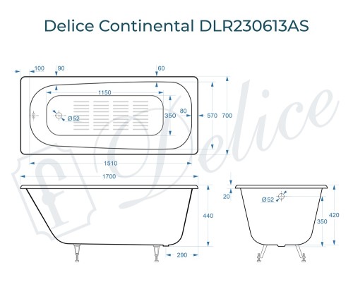 Ванна чугунная Delice Continental 170х70 с анстикользящим покрытием