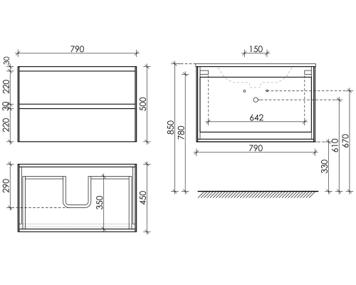 Тумба под раковину SANCOS Cento 790х450х500, c двумя ящиками, белый глянец