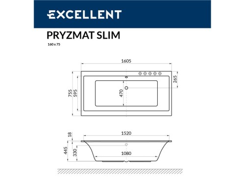 Ванна гидромассажная EXCELLENT Pryzmat Slim 160x75 NANO золото