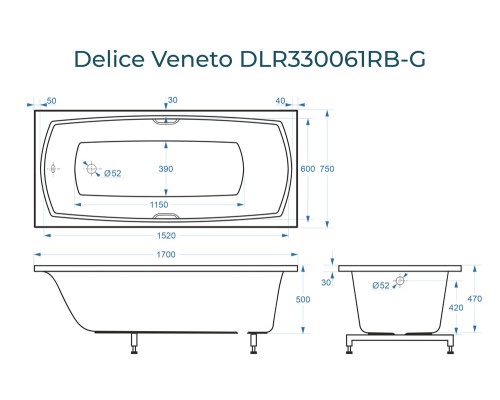 Ванна из литьевого мрамора Delice Veneto 170х75 глянцевая с черными ручками