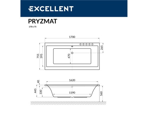 Ванна гидромассажная EXCELLENT Pryzmat 170x75 NANO золото