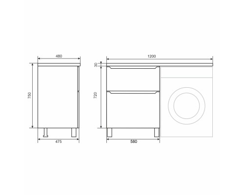 Тумба под стиральную машину напольная Uperwood Tanos 58х47,5х76,5 см, графит, 2 ящика