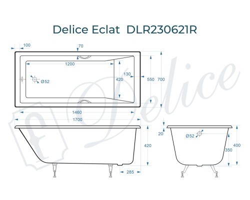 Ванна чугунная Delice Eclat 170х70 с отверстиями под ручки