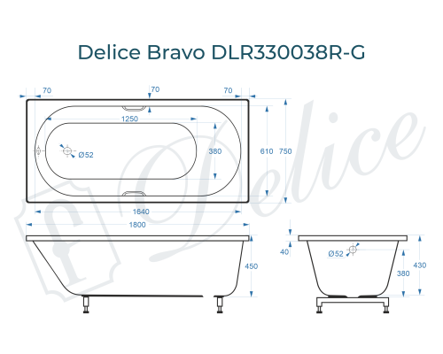 Ванна из литьевого мрамора Delice Bravo 180х75 глянцевая с ручками Хром