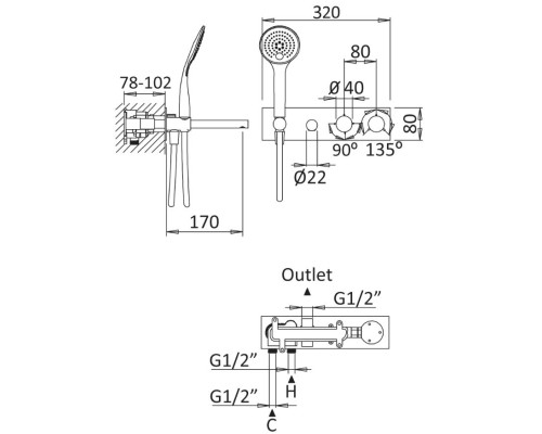 Смеситель для ванны Cezares Czr CZR-B-VDM1-T-NOP с термостатом Черный матовый