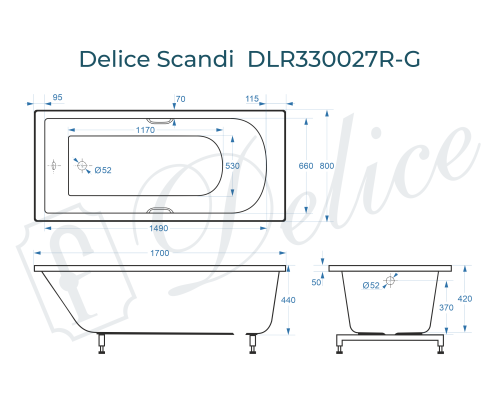 Ванна из литьевого мрамора Delice Scandi 170х80 глянцевая с ручками Хром