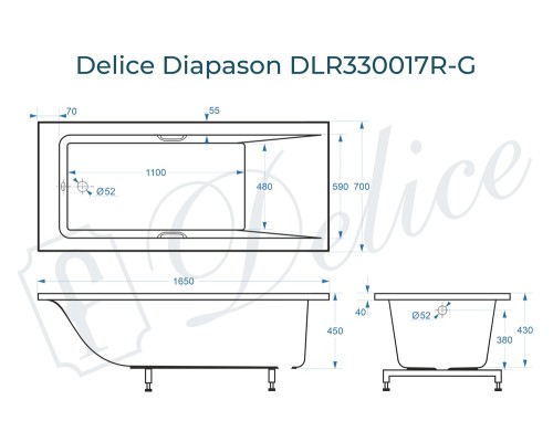 Ванна из литьевого мрамора Delice Diapason 165х70 глянцевая с ручками Хром