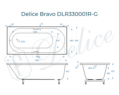 Ванна из литьевого мрамора Delice Bravo 180х80 глянцевая с ручками Хром