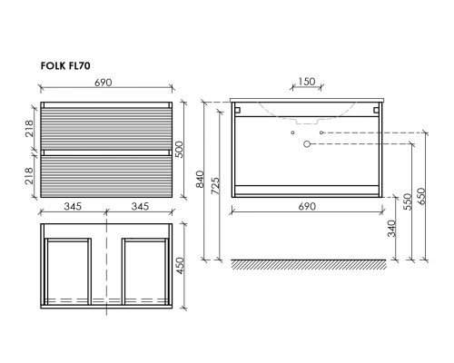 Тумба под раковину подвесная Sancos Folk 69х44х50, с доводчиками, Ergraut soft, FL70ES
